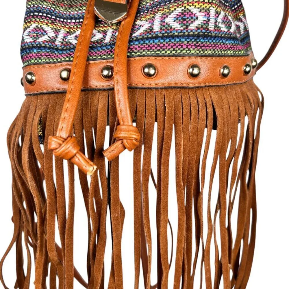 Boho Western Aztec Bucket Bag Fringe Backpack Crossbody Cinched Brown - Picture 3 of 8
